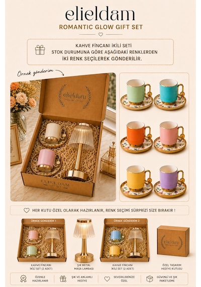 Doğum Günü, Yeni Ev, Özel Gün,yeni İş Hediyesi Şarjlı Dokunmatik Kristal Gold Masa Lambası & Kahve Fincan Takımı Hediye Seti Çok Renkli