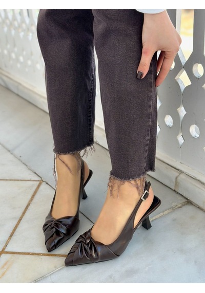 Ervanın Butiği Kahve Kırışık Deri Bow Fiyonk Detay Kadın Stiletto-6089