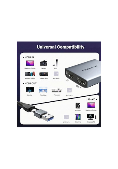 Lemorele Ac07, Usb Ve Type-c Çıkışlı 1080p Video Capture Card - Tak Ve Çalıştır - Hdmı Çıkışlı Yakalama Kartı