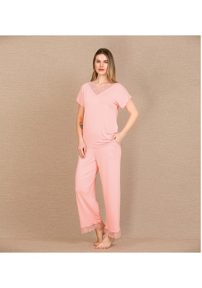 Findit Viskon Şık Tasarım Dantel İşlemeli Açık Pembe Kısa Kol Pijama Takımı