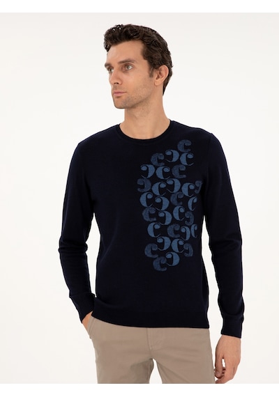 Cacharel Lacivert Slim Fit Bisiklet Yaka Yün Triko Kazak
