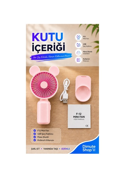 F12 Mini El Fanı Şarjlı Taşınabilir Usb El Vantilatörü Pembe - 886035522