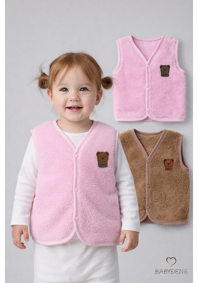 Babyden's 2 Li Welsoft Yelek Seti Kız Bebek Çocuk Ayıcık Armalı Peluş Yumuşak Kışlık Yelek Pembe - Kahverengi