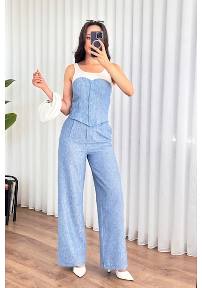 Mitodo.com Keten Görünümlü Düğmeli Büstiyer Ve Bol Paça Pantolon İkili Takım Mavi