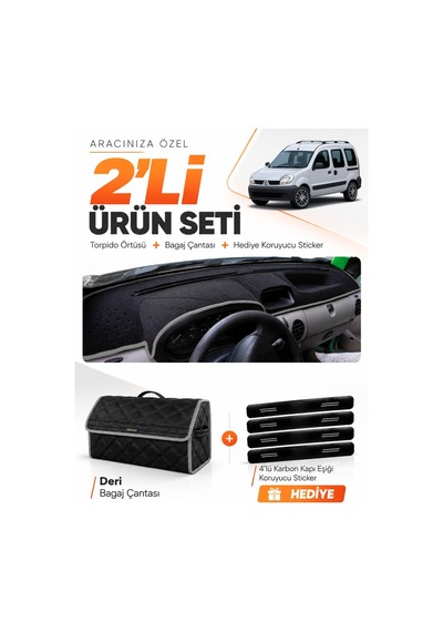 Renault Kangoo 2 Airbagsiz 2004-2008 Uyumlu Torpido Örtüsü + Deri Bagaj Çantası Seti - Siyah Gri