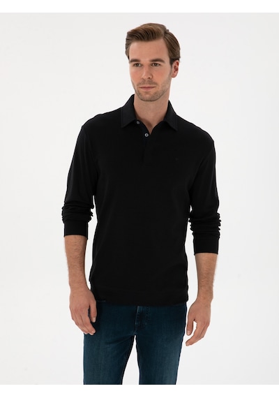Lacivert Regular Fit Kaşmir Karışımlı Polo Yaka Sweatshirt