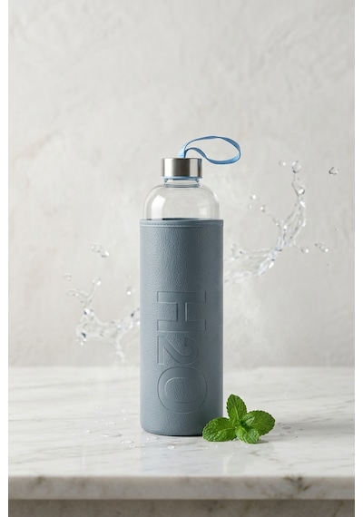H2o Sağlıklı Cam Matara 1000 Ml Su Şişesi, Deri Kılıflı 1 Lt Sporcu Suluğu Mavi
