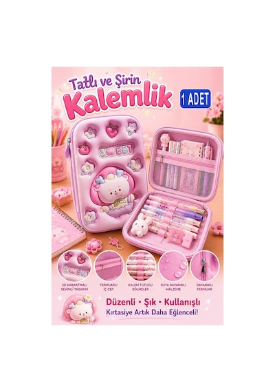 Pembe Kabartmalı Bölmeli Kalemlik 1 Adet P-5984 Kız Çocuk Okul Kalem Kutusu 3 Boyutlu Fermuarlı Hediyelik Mavi