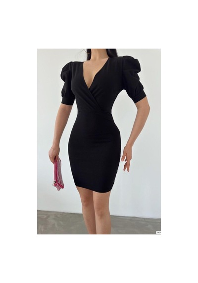 DefyModa Kadın Krep Kumaş Kruvaze Yaka Kısa Kollu Abiye Elbise Siyah