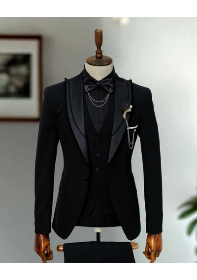 Bys Beystil Sivri Yaka Siyah Damatlık & Smokin Takım -slim Fit