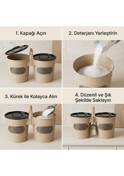 2'li Dev Boy Galvaniz Toz Deterjan Kutusu, Krem Gövdeli Siyah Kapaklı Çift Hazneli Saklama Kabı, Metal Kürek Ve Ah Genel