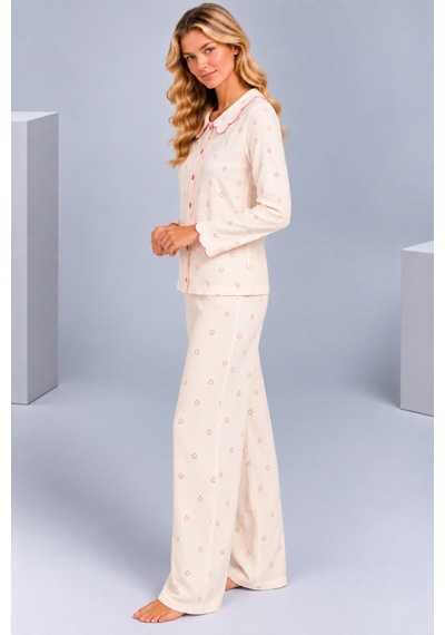 Pijamask Kadın Çiçek Desenli Bebe Yaka Düğmeli Uzun Kollu Müslin Pijama Takımı Ekru