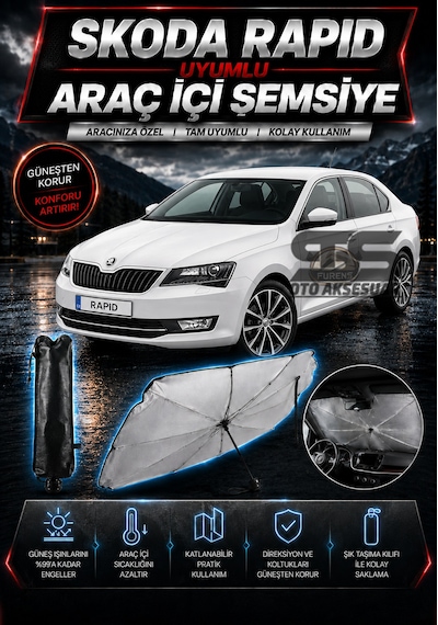 Skoda Rapid Araç Ön Cam Güneşliği Katlanabilir Şemsiye Oto Güneşlik Uv Korumalı Gölgelik Araba Oto Şemsiyesi