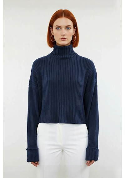 Ersefa Kadın Oversize Super Crop Balıkçı Yaka Kışlık Triko Kazak Uzun Ko Indigo
