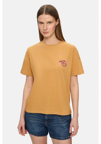 Ucla Marıluz Açık Turuncu Bisiklet Yaka Baskılı %100 Pamuk Loose Fit Kadın Tshirt
