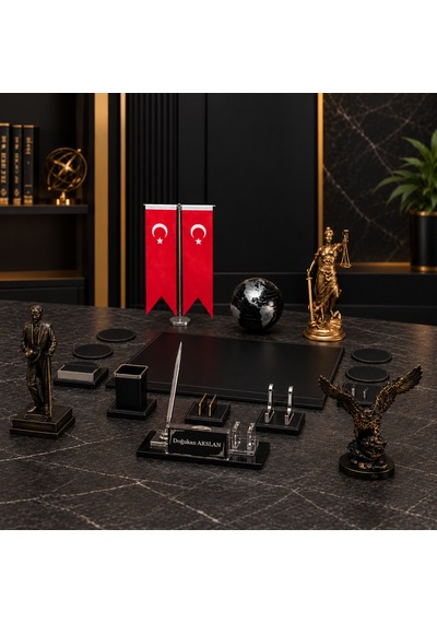 16 Parça Kristal Masaüstü İsimlik Ve Ofis Seti Atatürk, Kartal, Adalet Heykeli Ve Türk Bayraklı Siyah - Gold