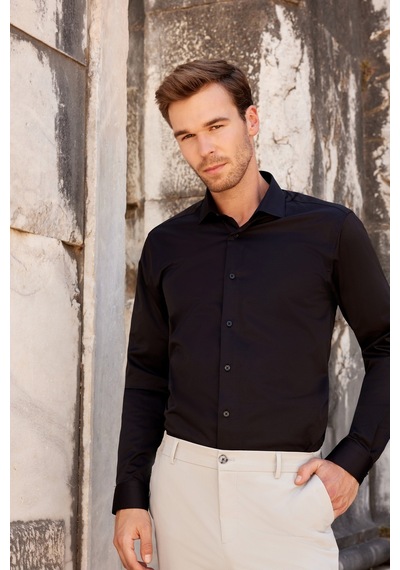 Morven Siyah Slim Fit Dar Kesim Düz Sert Yaka Uzun Kollu Gömlek 99mc004002001 Siyah