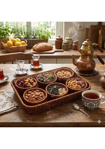 Kosova Wicker 7'li Tepsili Çerezlik Set Kahverengi