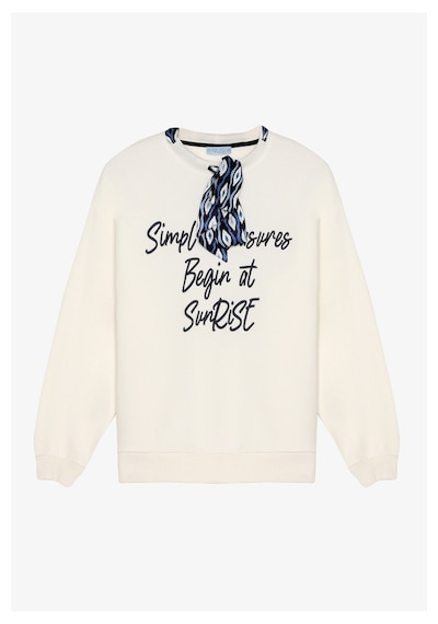Quzu Fularlı Yazı Nakışlı Oversize Sweatshirt Ekru
