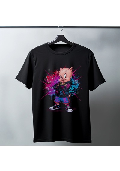 Vinevesta Porky Pig Graffiti Baskılı Unisex Siyah Oversize Tişört - 24/1 Penye Çok Renkli