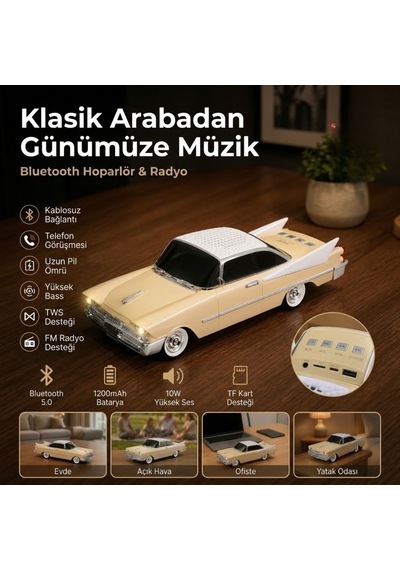 Buffer Retro Klasik Araba Bluetooth Hoparlör, Işıklı Nostaljik Radyo, Uzun Gövdeli Klasik Otomobil Tasarımlı