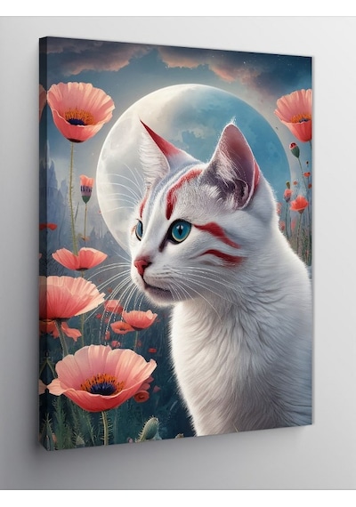 Kanvas Tablo Kedi Dolunay Ve Gelincik Çiçekleri 100cmx140cm