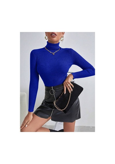 Hanclo Kadın Fitilli Balıkçı Yaka Slim Fit Triko Kazak Mavi