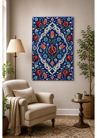 Osmanlı Çini Desenli Baskılı Cam Tablo Nar Ve Lale Motifli Uv Baskı Duvar Dekoru