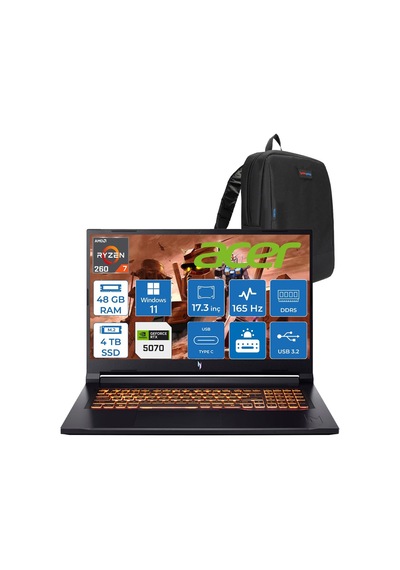 Acer Nitro V 17 AI ANV17-41-R3H8 NH.QZKEY.001P15 R7-260 48 GB 4 TB SSD 8 GB RTX5070 17.3" W11P Dizüstü Bilgisayar + Zetta Çanta