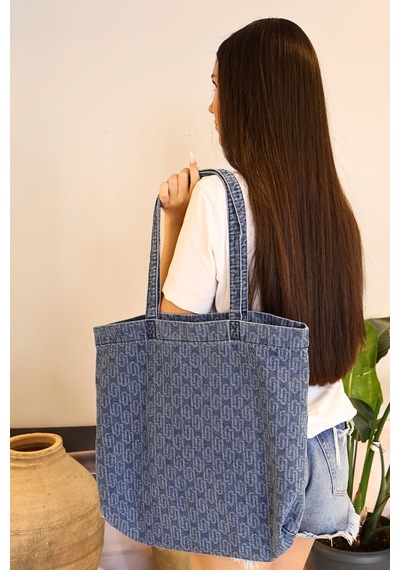 İcone Bag Desenli Yıkamalı Denim Kadın Çantası, Geniş Hacimli, Desenli El Ve Omuz Bez Çanta Shopper J.mavi