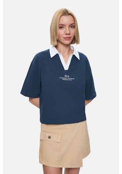 Polly Lacivert Polo Yaka Nakışlı Loose Fit Kadın Tshirt Lacivert