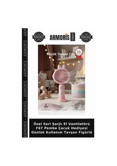 Özel Seri Şarjlı El Vantilatörü F67 Pembe Çocuk Hediyesi Günlük Kullanım Tavşan Figürlü