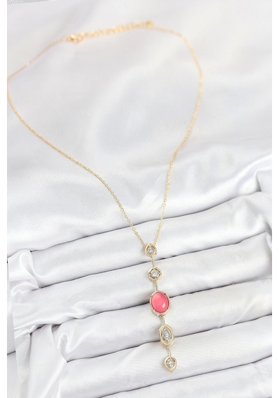 Pirinç Zincir Pembe Gold Renk Zirkon Taşlı Y Kolye - Tj-bko10556 Çok Renkli