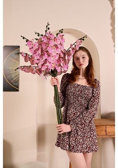 Pembe Yapay Orkide Çiçeği Tek Dal Premium Canlı Islak Dokulu 98 Cm