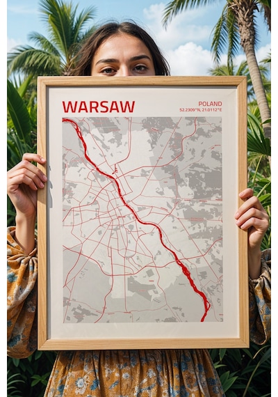 Varşova Polonya Warsaw - Poland Haritası Çerçeveli Tablo Lüks Salon Ofis Duvar Dekorasyon Tablo Kayın