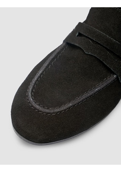 %100 Hakiki Deri Siyah Süet Kadın Loafer Siyah