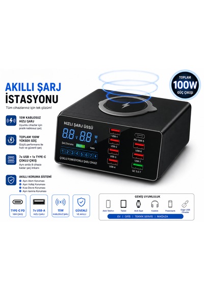 8 Portlu 7 Usb + Type-c Pd Çoklu Şarj İstasyonu Kablosuz + Kablolu Şarj Bir Arada