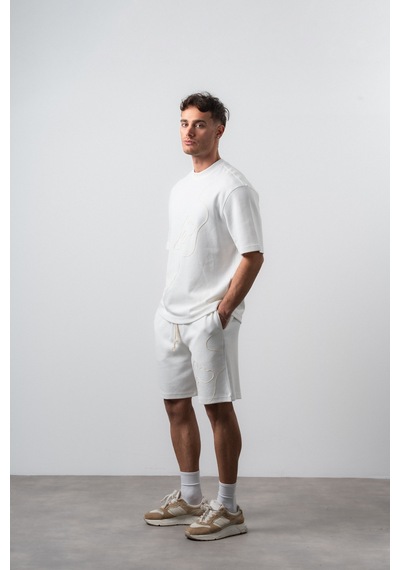 Erkek Nakış Detaylı Regular Fit T-shirt Şort Takım Ekru