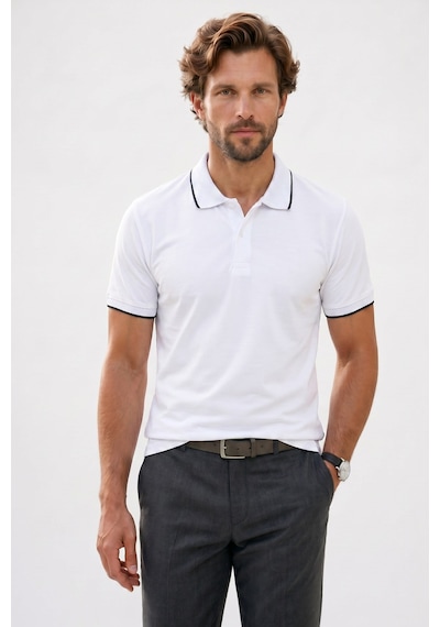 Tudors Erkek Regular Fit Klasik Kesim %100 Pamuk Kısa Kollu Çizgi Detaylı Beyaz Polo Yaka Tişört-50850