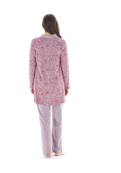 Feyza Pijama Kadın Yakası Düğmeli Çicek Desenli Jakarlı 3'lü Pijama Takımı