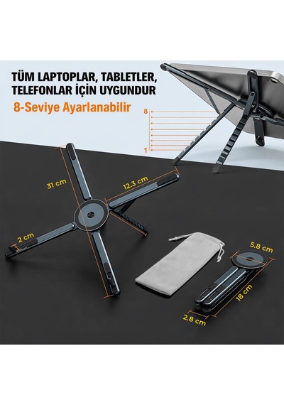 Alüminyum Katlanabilir Laptop Standı Ayarlanabilir Notebook Tablet Yükseltici 10-17.3 Inç Uyumlu Gri - Gri