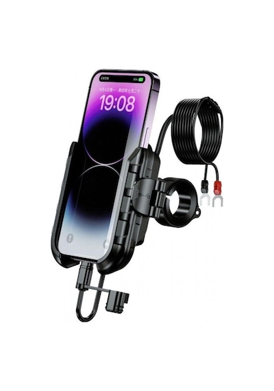 Nukrotech Mr Plus Motosiklet Telefon Tutucu Usb-c Şarjlı Gidon Ve Ayna Bağlantı Aparatlı Siyah