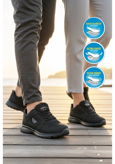 Walkway Siyah Fileli Hafif Bağcıklı Esnek Unisex Spor Ayakkabı 020 G