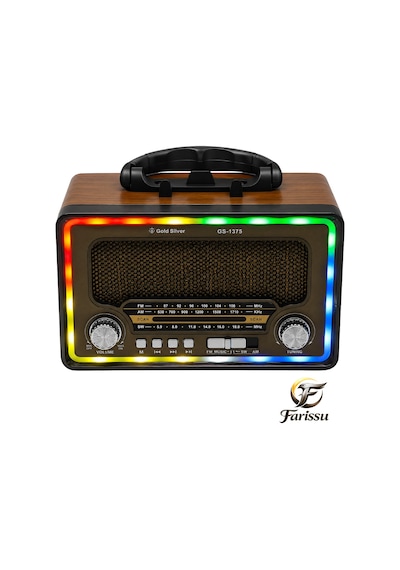 Gold Silver Gs-1375 Nostaljik Radyo - Bluetoothlu, Güneş Panelli, Şarjlı Fenerli Taşınabilir Hoparlör