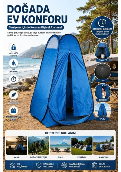 Bysay Pop-up Kamp Çadırı, Duş, Tuvalet Ve Giyinme Kabini, Mavi, Polyester, 125x125x210 Cm, 4 Mevsim, Taşıma Çanta Genel