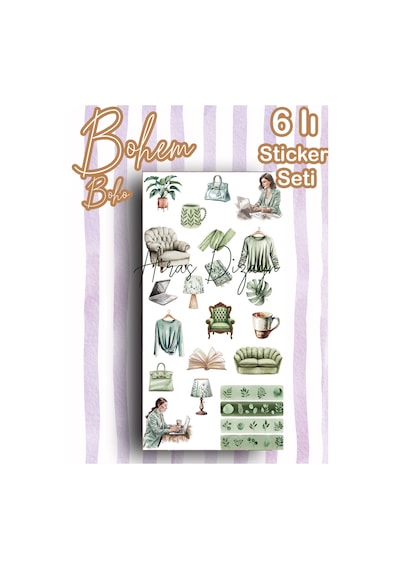 6’lı Bohem Boho Sticker Seti Soft Dekoratif Etiket Ajanda Scrapbook