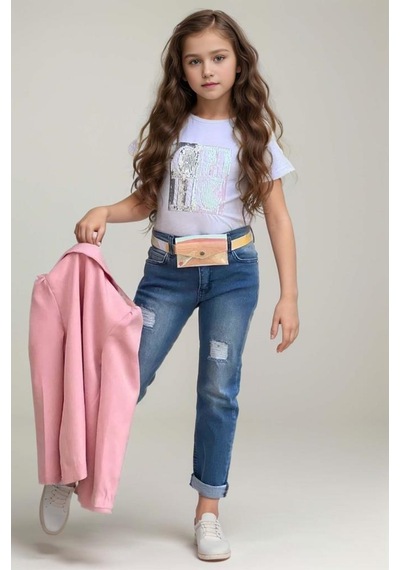 Riccotarz Kız Çocuk Üzeri Harf Pulpayet Tişört Ve Jean Pudra Blazer Ceket Alt Üst Takım Pudra Riccotarz Kız Çocuk Üzeri Harf Pulpayet Tişört Ve Jean Pudra Blazer Ceket Alt Üst Takım Pudra