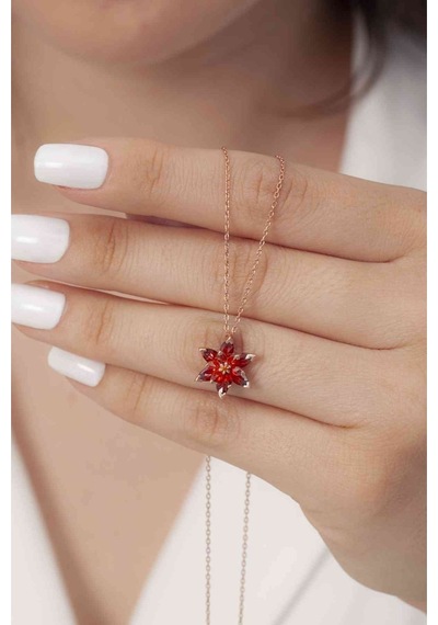 925 Ayar Gümüş Rose Kaplama Kırmızı Renkli Lotus Çiçeği Kolye