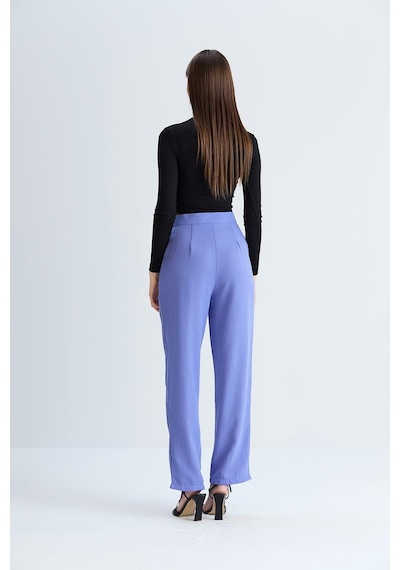 Sortie Collection Kemeri Cırtlı Keten Pantolon Mavi-mavi Mavi