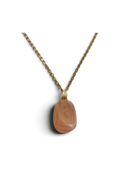 Doğal Turuncu Ay Taşı Oval Gold Kulp Detaylı Çelik Zincirli Kolye